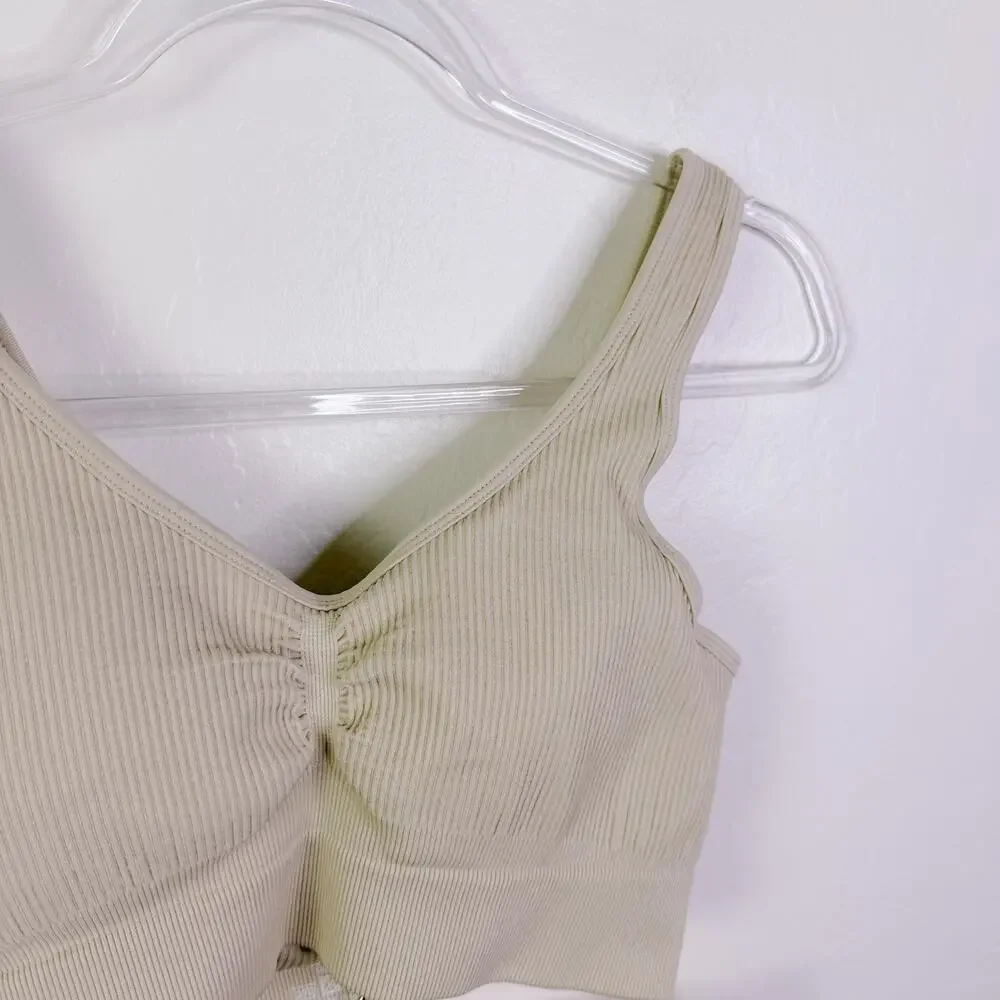 Jojoans Ribbed Sports Bra & Biker Shorts 2 Piece Gym Workout Set Ivory Sz L NWOT